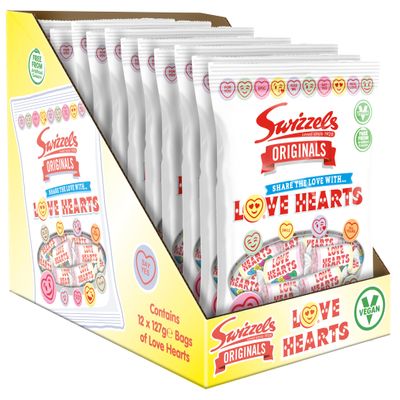 Swizzels Original Love Heart Sweets - A Delicious, Fruity, Fizzy Selection of Classic Candy Conversation Hearts, Vegan-Friendly Sweets (12x127g)