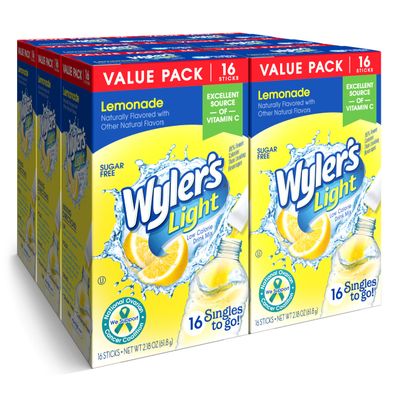 Wyler's Light Singles To Go Powder Packs, Water Drink Mix, Lemonade, 16 Pack, 6 Boxes (96 Individual Servings)