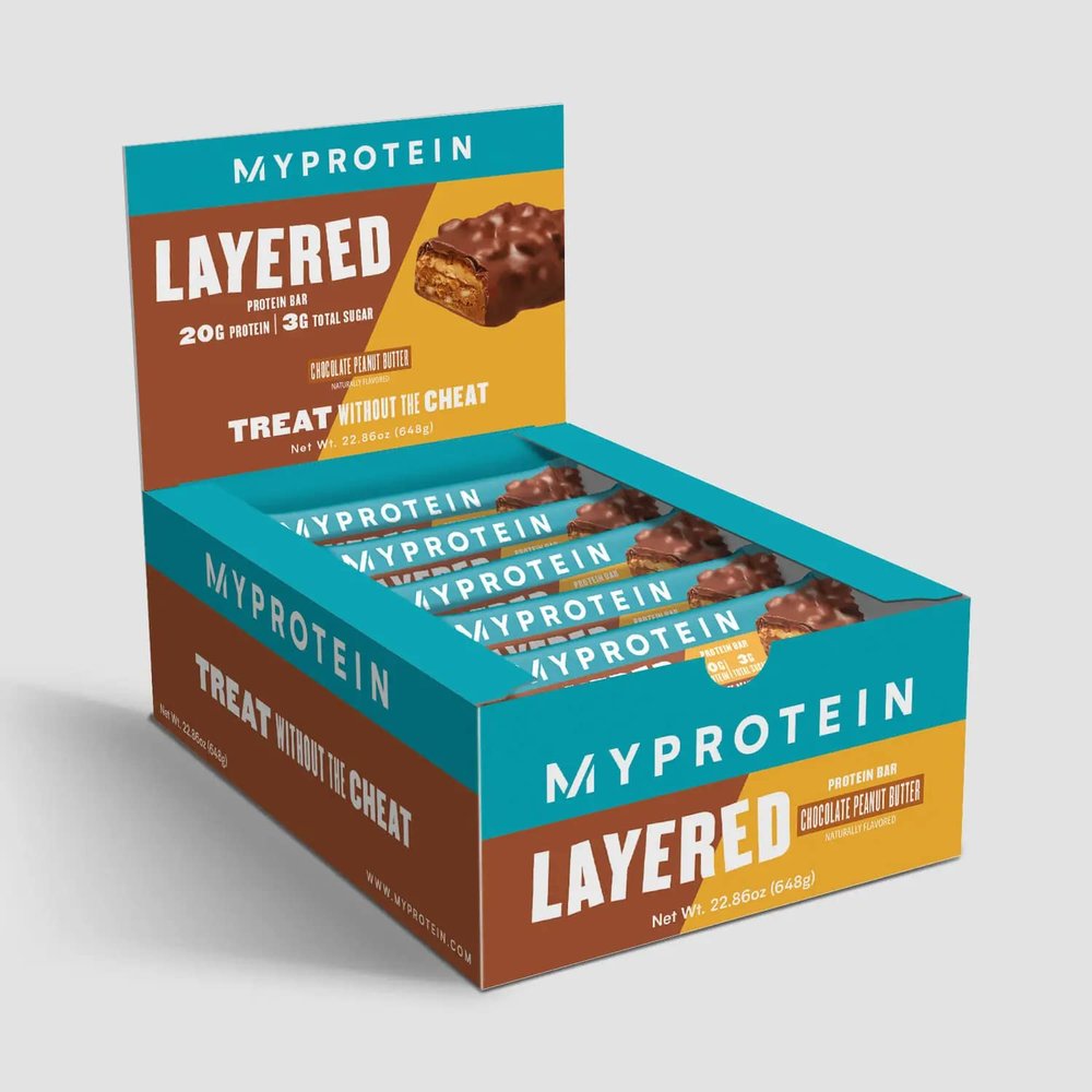 Myprotein - Protein Bars - Layered Bar High-Protein Nutritious Snacks - Low Sugar, Daily Energy, Muscle Support w/ 20g of Protein for Workout - Delicious Taste Snack- 12 Bars, Chocolate Peanut Butter