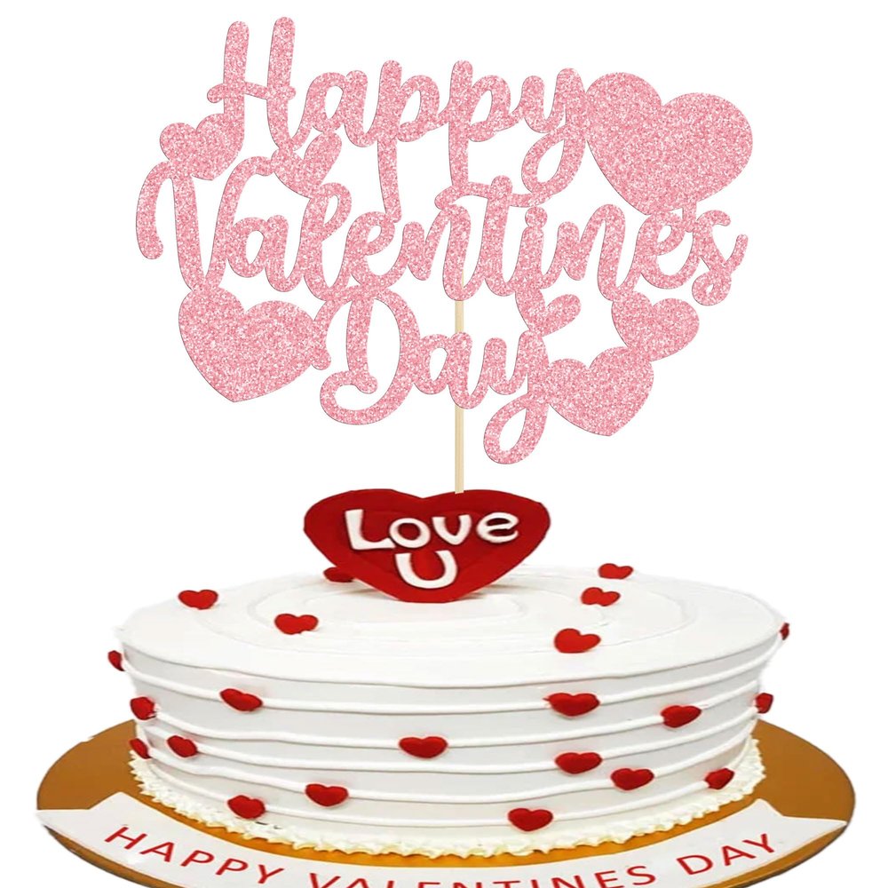 1Pcs Happy Valentine's Day Cake Topper Pink Glitter Sweet Love Heart Be My Valentines Cake Picks Happy Valentine's Day Theme Birthday Party Cake Decorations Supplies