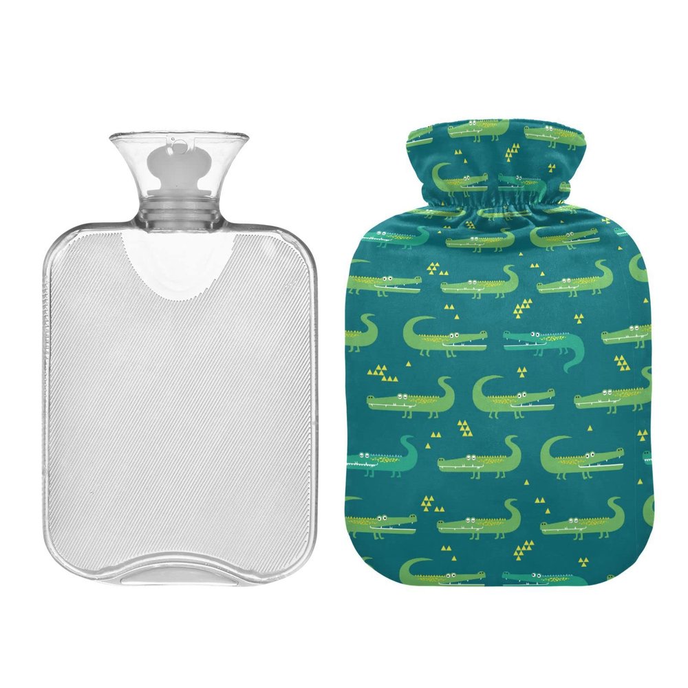 Crocodile Dark Green Hot Water Bottle with Cover 1L Hot Water Bag Hot/Cold Compress Neck and Shoulder Pain Relief