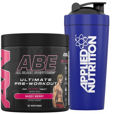 Applied Nutrition Bundle ABE Pre Workout 375g + 750ml Steel Protein Shaker | All Black Everything Pre Workout Powder, Energy & Physical Performance with Creatine, Beta Alanine (Baddy Berry)