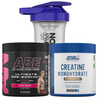 Applied Nutrition Bundle ABE Pre Workout 375g + Creatine 250g + 700ml Protein Shaker | All Black Everything Pre Workout Powder, Energy & Performance with Creatine, Beta Alanine (Baddy Berry)