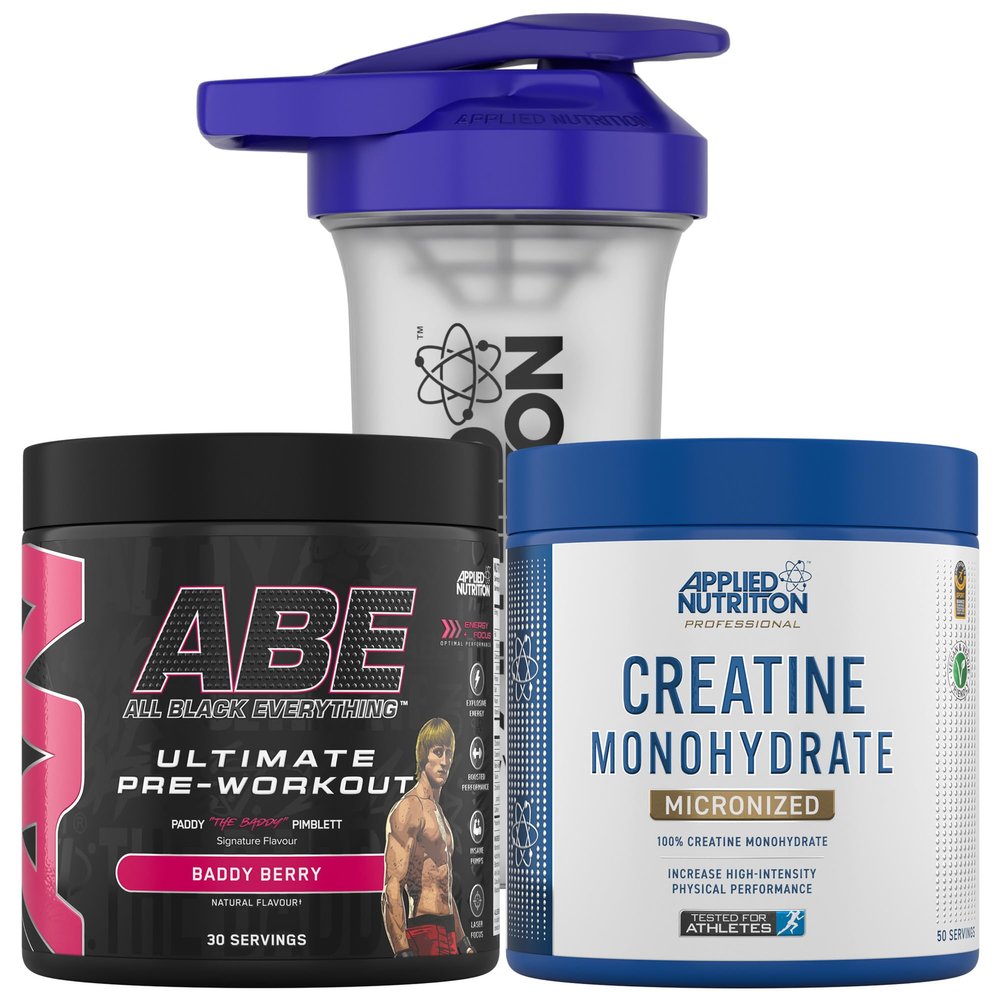 Applied Nutrition Bundle ABE Pre Workout 375g + Creatine 250g + 700ml Protein Shaker | All Black Everything Pre Workout Powder, Energy & Performance with Creatine, Beta Alanine (Baddy Berry)