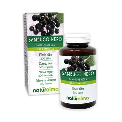 Black Elder (Sambucus nigra) Flowers (elderflower) and Fruits (Elderberry) Naturalma - 150 g - 300 Tablets - Food Supplement - Natural and Vegan
