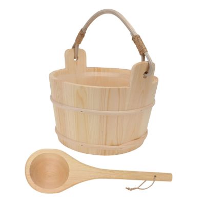Alipis Wooden Sauna Bucket and Spoon Set with Plastic Liner for Home Sauna and Steam Room, White Pine Barrel with Handheld Ladle for Bath and Spa Accessories