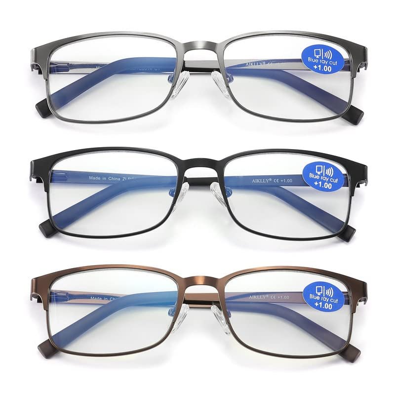 AIKLLY Reading Glasses for Men - 3 Pack Blue Llight Blocking Men's Metal Readers (3 Pairs Mix Color, 1.25, multiplier_x)