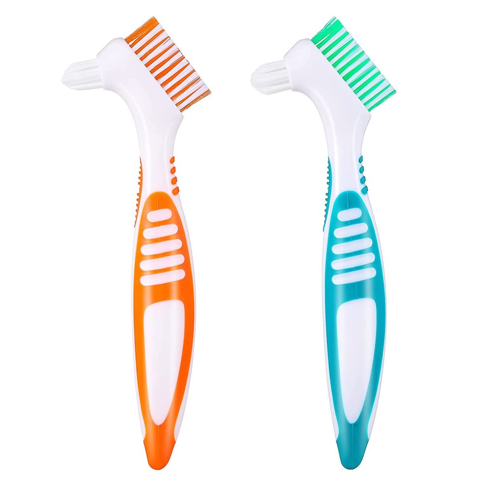 2 Pieces Portable Denture Double Sided Brush Denture Cleaning Toothbrush Dual Head Toothbrushes Multi-Layered Bristles False Teeth Brush for False Teeth Cleaning