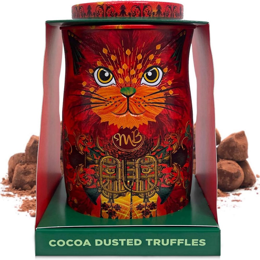 Monty Bojangles Cocoa Dusted Chocolate Truffles Cat Tin (Fire Dancer-135g) Orange Angelical Flavoured Luxury Chocolatey Truffles - Collectable Cat Tin, Truffles Chocolate Gift Box With Bespoke Design