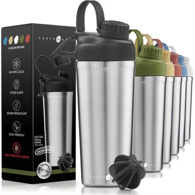 Earthmade Protein Shaker Bottle Stainless Steel, 26 oz Insulated Shaker Bottles for Protein Mixes Keeps COLD for 30 hours, ADDED 2 Extra Ring Guards/Leakproof