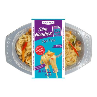 Slim Chilled Pad Thai Noodles - Free-From, Low Calorie, Konjac Vegan Noodle, Fat & Sugar Free, Microwavable, Keto Paleo Diet, High in Protein | Ready to Eat (370g) Pack of 4