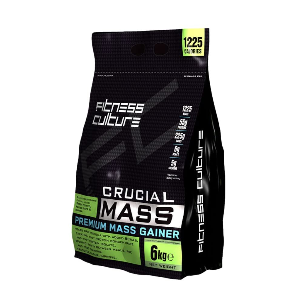 Fitness Culture Crucial Mass Gainer Protein Powder, Banana Flavour 6kg, Weight Gainer with Added BCAAs and Creatine Monohydrate for Muscle Building