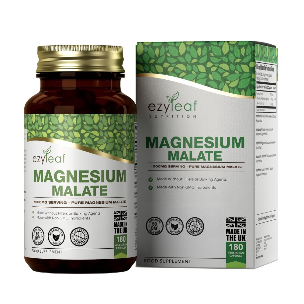 Ezyleaf Magnesium Malate Capsules | 1000mg Malate per Serving - 180 Caps High Strength Magnesium Supplement | Vegan & Filler Free Capsules | Non-GMO, Gluten & Allergen Free | Made in The UK