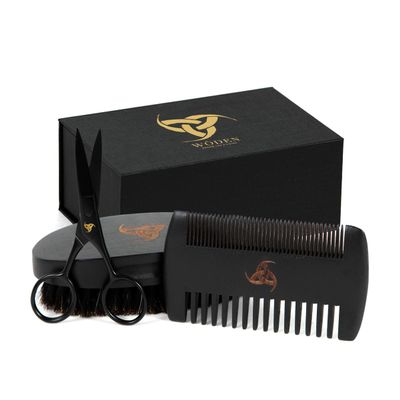 Woden Beard Maintenance Kit - Premium Luxury Black Beard Brush and Comb Gift Set | Mustache and Beard Scissors, Boar Bristle Beard Brush, Fine-Tooth Pearwood Beard Comb, Travel Bag and Gift Box