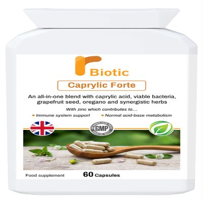 Rbiotic Caprylic Forte.Combination gastrointestinal Complex with caprylic Acid, herbals, Bacteria Culture and Other nutrients:60 Capsules