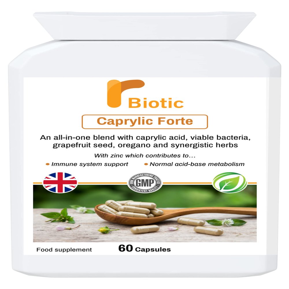 Rbiotic Caprylic Forte.Combination gastrointestinal Complex with caprylic Acid, herbals, Bacteria Culture and Other nutrients:60 Capsules