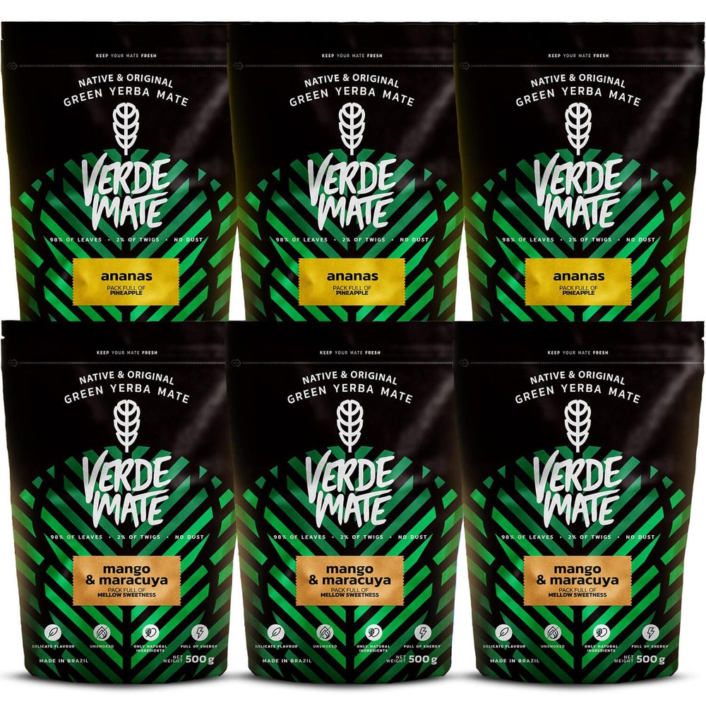 Fruity yerba mate set | Six-pack of yerba mate | Pineapple, mango, maracuya | Brazilian, green yerba mate | Yerba mate tea | Mild taste | Natural caffeine | 6x500g | 3kg