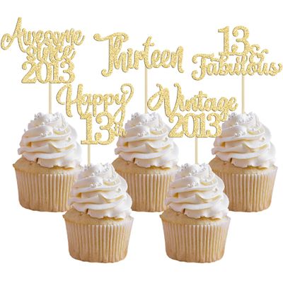 30Pcs Vintage 2013 Cupcake Toppers Glitter Thirteen Happy 13th Birthday 13 Fabulous Cupcake Picks Cheers to 13 Years for 13th Birthday Wedding Anniversary Party Cake Decorations Supplies Gold