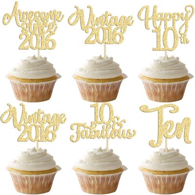 30Pcs Vintage 2013 Cupcake Toppers Glitter Happy 10th Birthday 10 Fabulous Cupcake Picks Cheers to 10 Years for 10th Birthday Wedding Anniversary Party Cake Decorations Supplies Gold