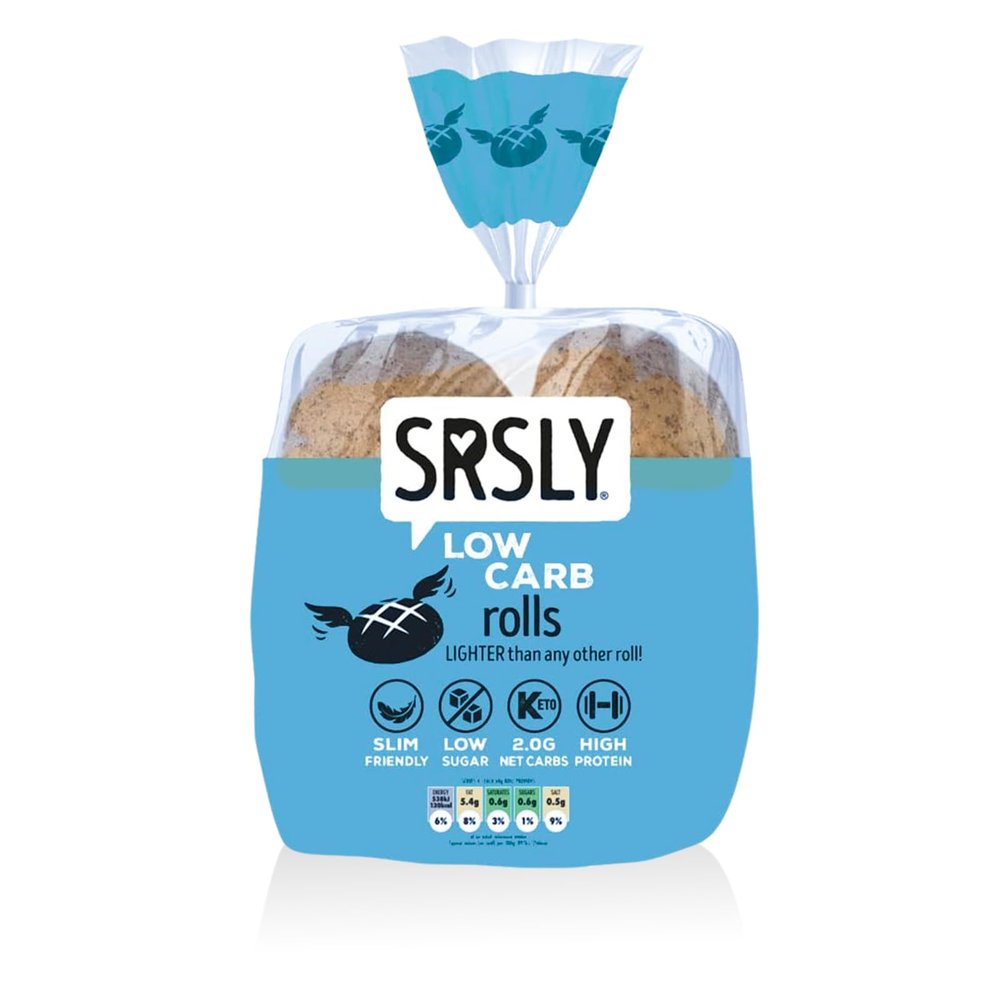 SRSLY Low Carb 50/50 Bread Rolls - 2g Carbs & 130 Kcals Per Roll - Freshly Baked Soft & Fluffy  Sugarwise Certified Reduced Sugar - High Protein - 4 Large Rolls Pack