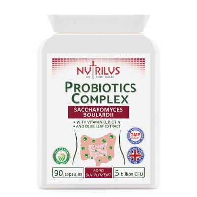 Nutrilus Probiotics Complex Saccharomyces Boulardii 90 Capsules 5 Billion CFU - Biotin, Vitamin D, Olive Leaf - Digestive - Hangover - Gut Flora Balance