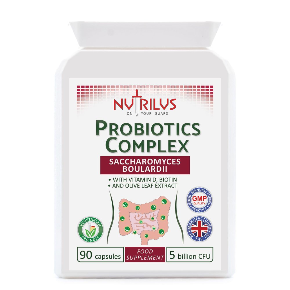 Nutrilus Probiotics Complex Saccharomyces Boulardii 90 Capsules 5 Billion CFU - Biotin, Vitamin D, Olive Leaf - Digestive - Hangover - Gut Flora Balance