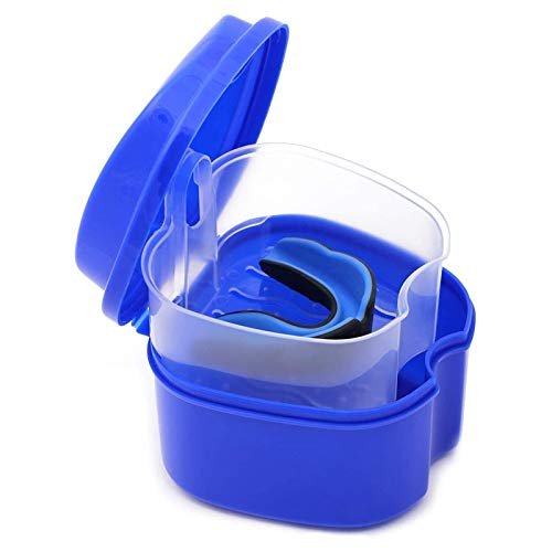 Flisdtry Dark Blue Denture Case, Denture Cup with Strainer, Denture Bath Box Teeth Storage Box with Basket Net Container Holder for Travel