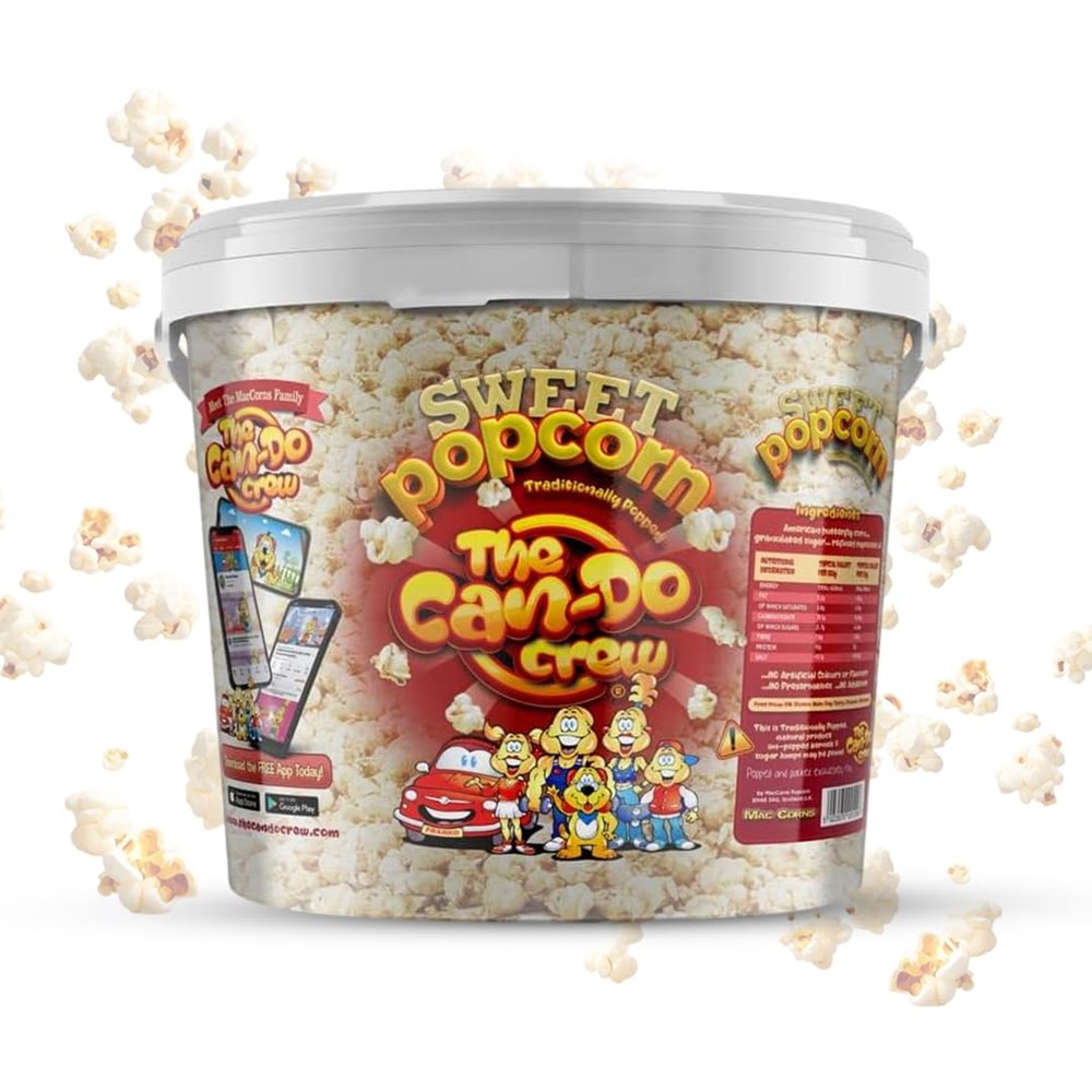 MacCorns - The Can-Do Crew - Traditional Sweet Popcorn Sharing Bucket | Reusable Bucket | Crisp & Delicious Popcorn Ideal For Parties, Events & Movie Nights | Allergen Free ! (Sweet)