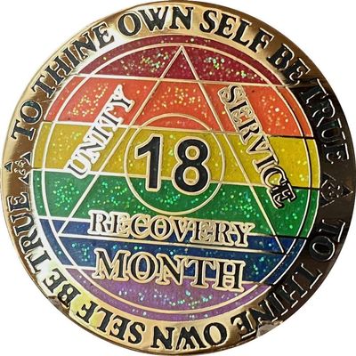 18 Month AA Medallion Rainbow Glitter Gold Plated LGBT Flag Sobriety Chip