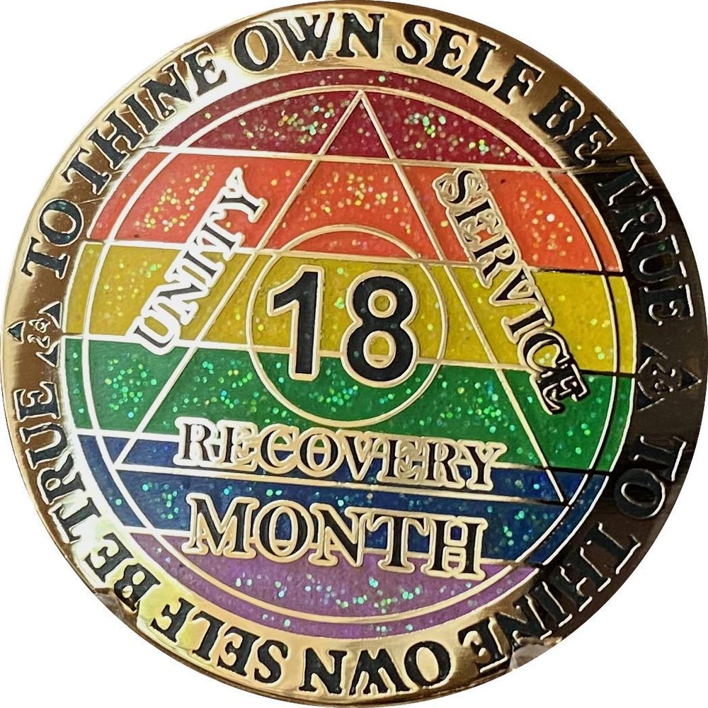 18 Month AA Medallion Rainbow Glitter Gold Plated LGBT Flag Sobriety Chip
