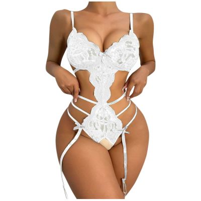 AMhomely Women Lingerie Sexy Bodysuit Lace Lingerie Teddy One Piece Bodysuit Deep V Nightwear Erotic Underwear Slutty Costumes 02 White