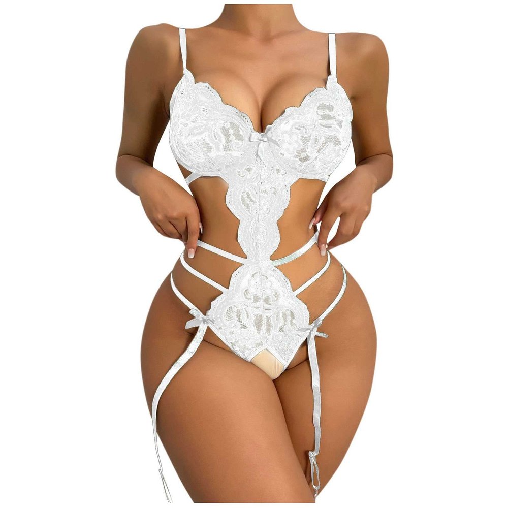AMhomely Women Lingerie Sexy Bodysuit Lace Lingerie Teddy One Piece Bodysuit Deep V Nightwear Erotic Underwear Slutty Costumes 02 White