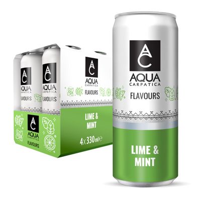 AQUA Carpatica Sparkling Flavours Lime & Mint 330ml x 4 - Natural Fruit Juice Infused Sparkling Water, No Added Sugar, Naturally Alkaline, Sweetened with Agave Syrup, Rich in Minerals