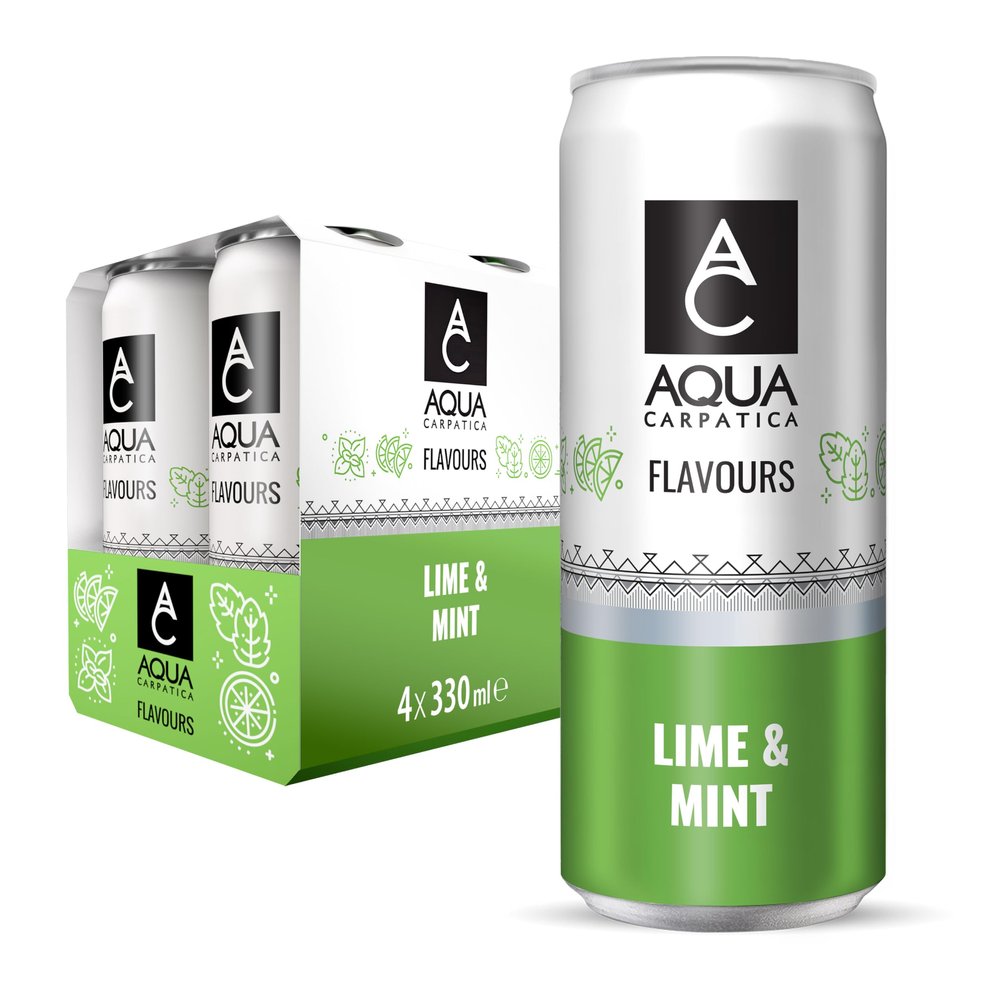 AQUA Carpatica Sparkling Flavours Lime & Mint 330ml x 4 - Natural Fruit Juice Infused Sparkling Water, No Added Sugar, Naturally Alkaline, Sweetened with Agave Syrup, Rich in Minerals