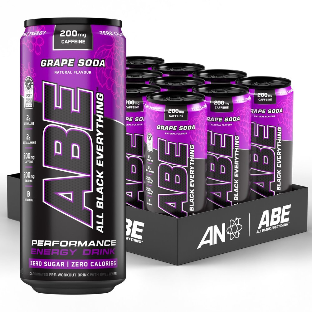 Applied Nutrition ABE Pre Workout Cans - All Black Everything Energy + Performance Drink, ABE Carbonated Beverage Sugar Free with Caffeine (Pack of 12 Cans x 330ml) (American Grape)
