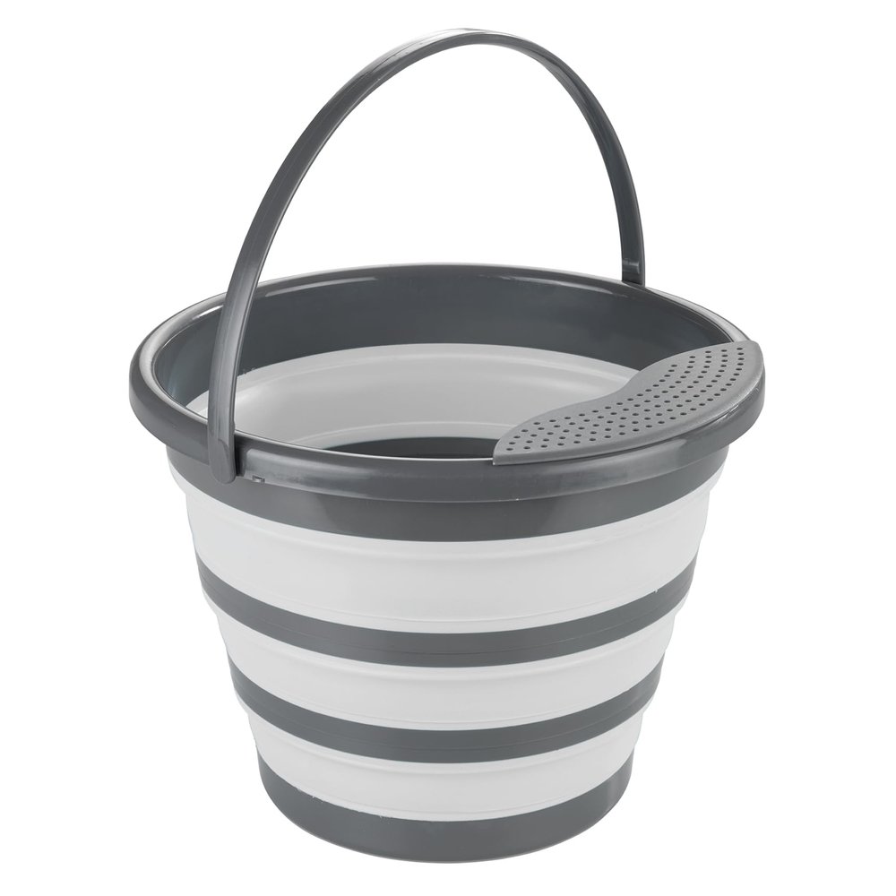 Foldable bucket, space-saving folding bucket with pouring strainer, clever folding bucket for home and on the go, practical container with sturdy carrying handle, 5 cm folded