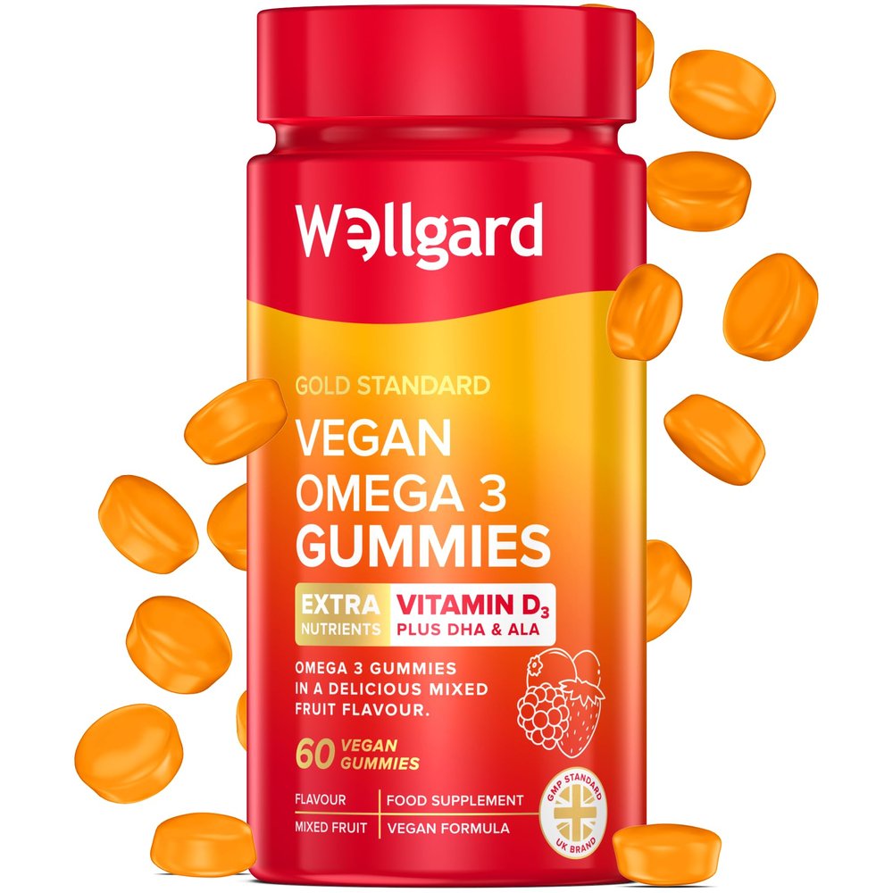 Wellgard Vegan Omega 3 Gummies by Wellgard - Chewable Algae-Derived DHA & ALA, Omega 3 Supplements, Allergen-Free, Natural Flavour, Formulated in UK