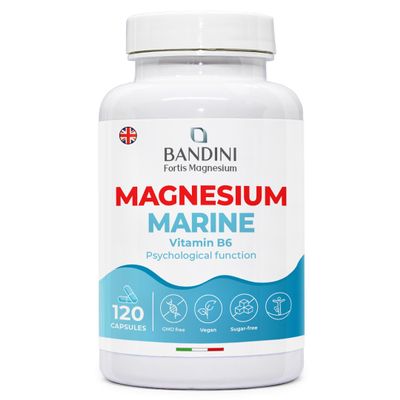 Bandini Marine Magnesium and Vitamin B6 - Fights Fatigue, Stress & Aches - 120 Plant-Based Capsules (4-Month Supply) - High Strength Supplement - 100% Vegan - Improves Sleep, Nerve & Muscle Function