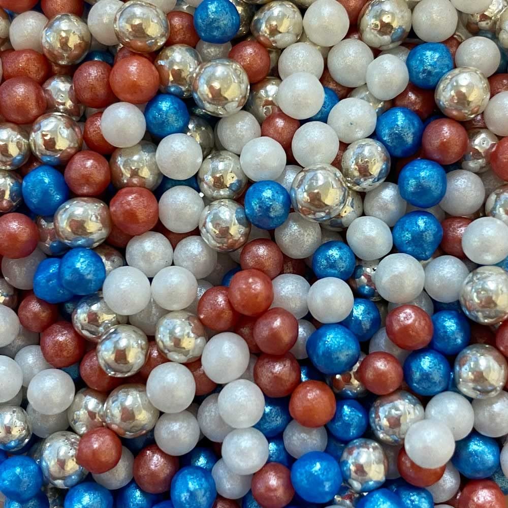 A Pinch Of - Twinkle Pearls - Red, White, Blue & Silver - Mini Pouch - 30g. Part of our Great British Range, a beautiful sparkly mix of sugar pearls, Just enough for a single bake (Twinkle RWB)