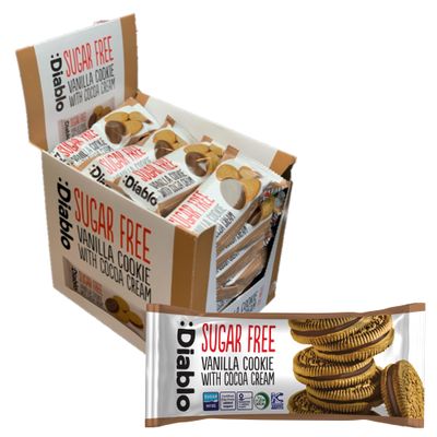 Diablo Sugar Free Cookies  Vanilla Cookie with Cocoa Cream Filling, Sweetened with Maltitol, Ideal Sugar Free Biscuits Gift Idea, Great Snack for Hampers, Parties & Daily Treats  44g Pack of 24