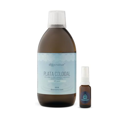 DIOXNATUR Colloidal Silver 20ppm 500ml | 100% Natural | Colloidal Silver Optimal Concentration | Includes Spray and Measuring Cup | Amber Glass Bottle.