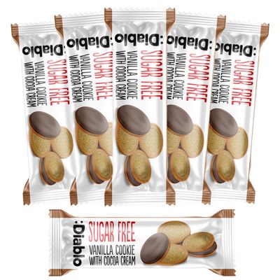 Diablo Sugar Free Cookies  Vanilla Cookie with Cocoa Cream Filling, Sweetened with Maltitol, Ideal Sugar Free Biscuits Gift Idea, Great Snack for Hampers, Parties & Daily Treats  44g Pack of 26