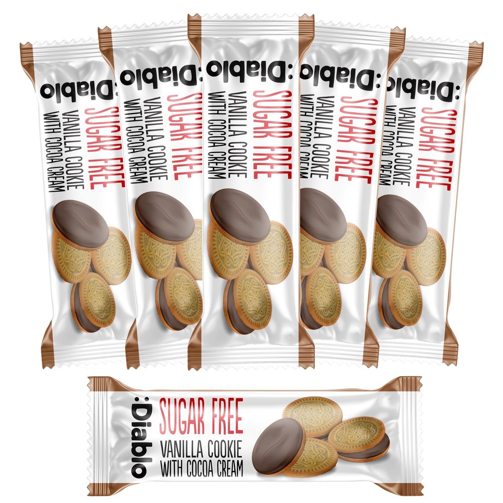 Diablo Sugar Free Cookies  Vanilla Cookie with Cocoa Cream Filling, Sweetened with Maltitol, Ideal Sugar Free Biscuits Gift Idea, Great Snack for Hampers, Parties & Daily Treats  44g Pack of 26