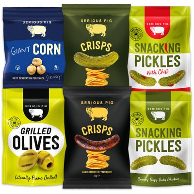 Serious Pig Vegan Snack Selection Box with Pickles Corn Olives Crisps (18 Pack)