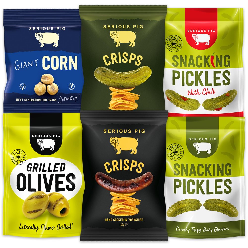 Serious Pig Vegan Snack Selection Box with Pickles Corn Olives Crisps (18 Pack)