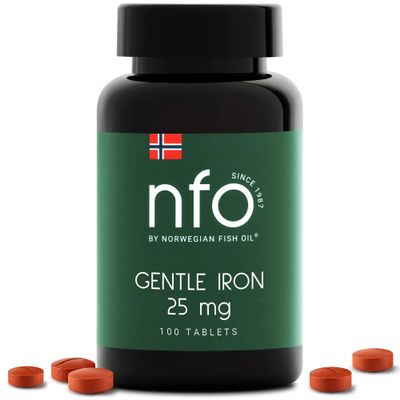 NFO Gentle Iron [100 Tablets] Norwegian Natural High Dose Iron Complex with The Patented Ferrochel Formula The Most bioavailable Form Against IronDeficiency More efficient by 90% Suitable for Vegans