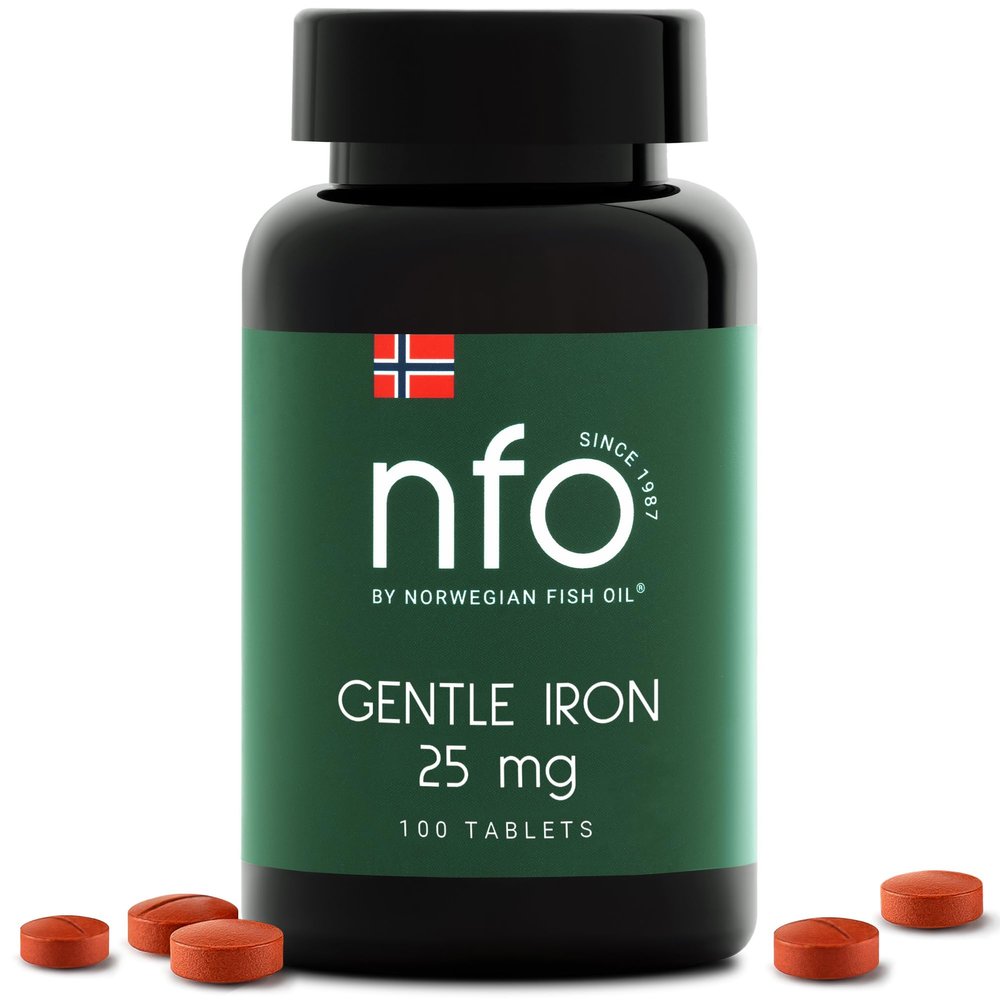 NFO Gentle Iron [100 Tablets] Norwegian Natural High Dose Iron Complex with The Patented Ferrochel Formula The Most bioavailable Form Against IronDeficiency More efficient by 90% Suitable for Vegans