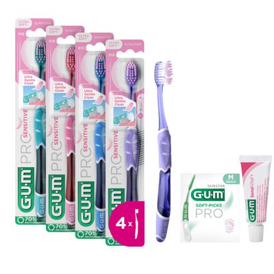 GUM PRO Sensitive Toothbrush | Ultra-Soft bristles for Sensitive Teeth and Gums | Compact Head | 1 Piece | 4 x 1 Pieces (with 1 Bonus Sample)