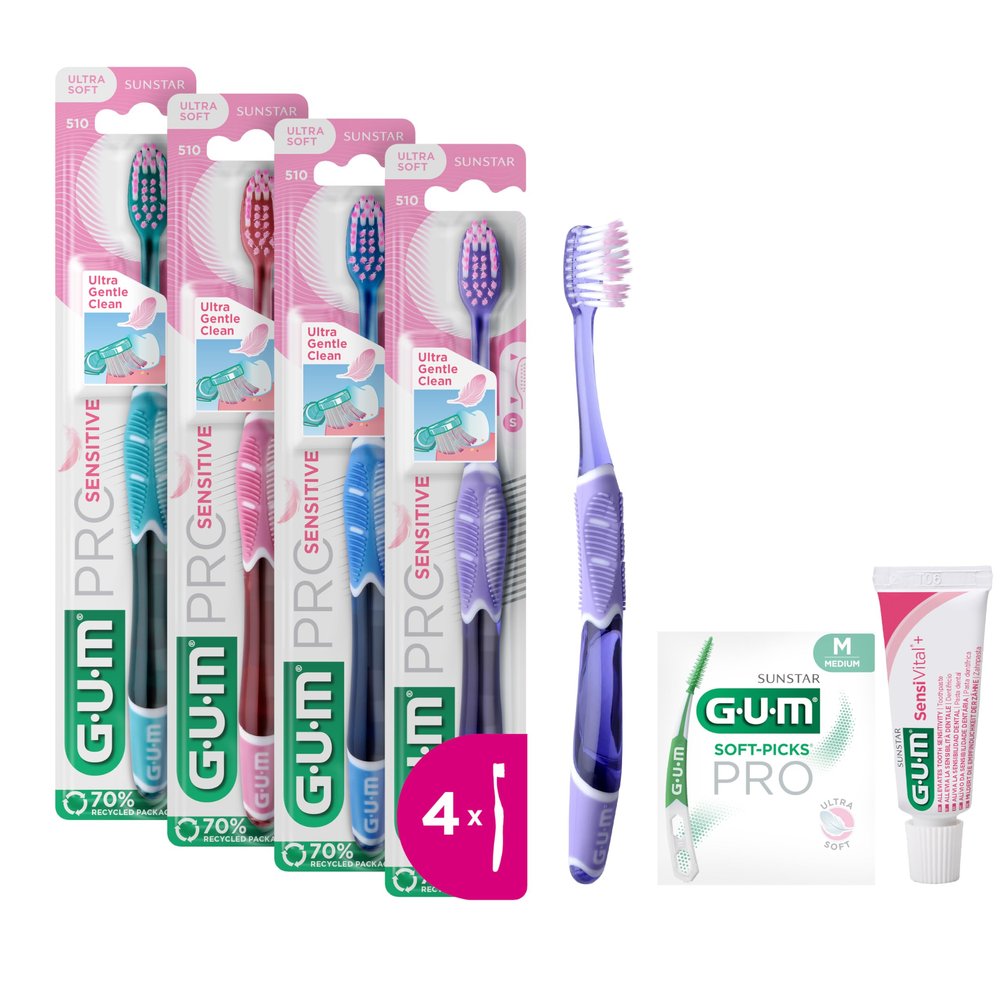 GUM PRO Sensitive Toothbrush | Ultra-Soft bristles for Sensitive Teeth and Gums | Compact Head | 1 Piece | 4 x 1 Pieces (with 1 Bonus Sample)