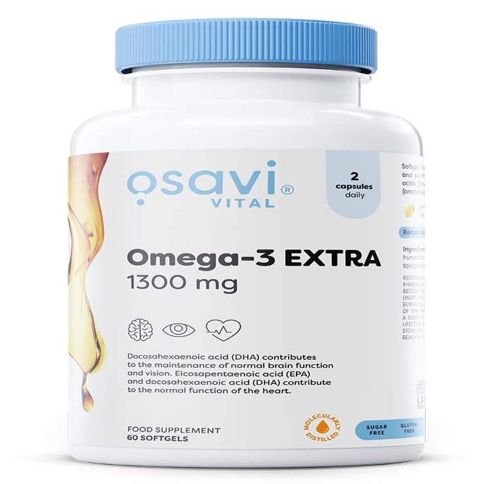 Osavi Omega3 Extra Molecularly Distilled 1300 mg  60 Softgels | Lemon Flavor | EPA & DHA for Heart Health, Brain Function, and Vision I Molecular Distillation for Maximum Purity